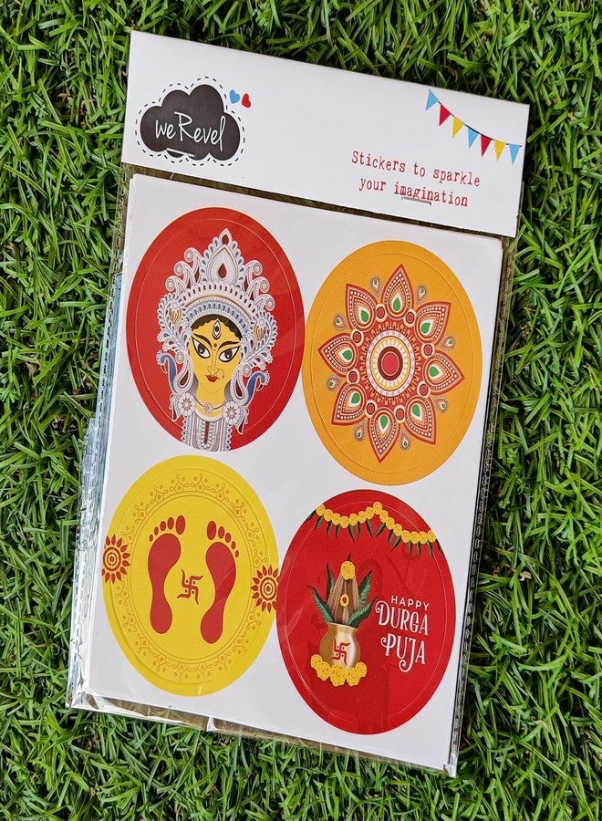weRevel Happy Durga Puja Party Stickers, 40 Pieces, 2inches, Round, 4 Unique Designs, Made of Sticker Paper - Image 2